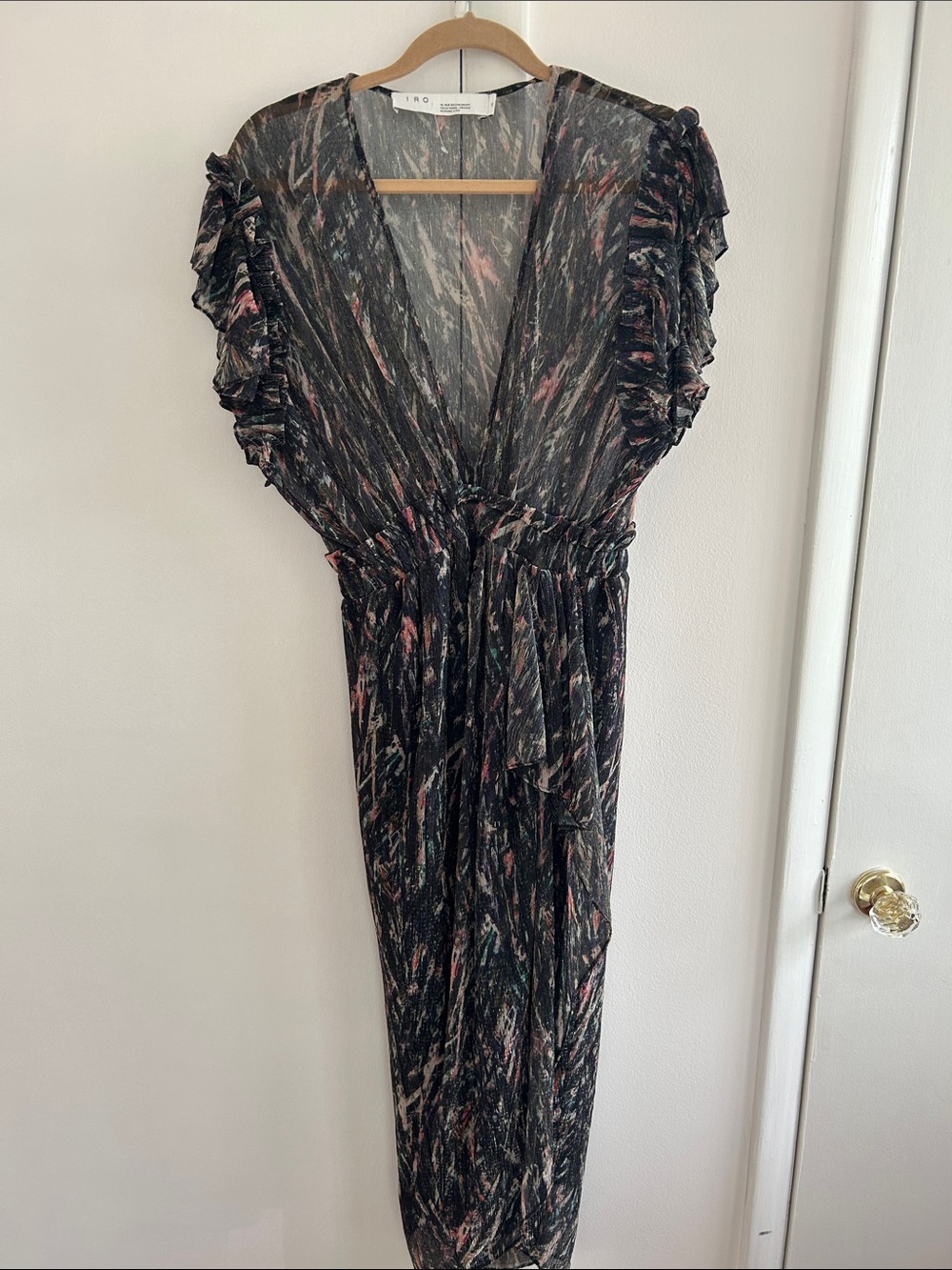IRO like New Blk ruffleMaxi Dress with Pink and Cream Brushstroke Print S sheer